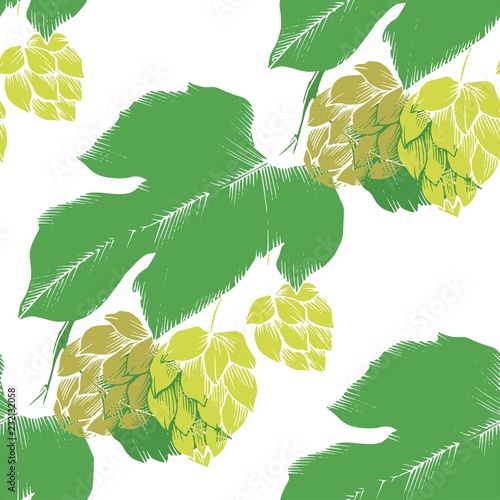 Black and white engraved humulus ink art. Green leaf. Leaf plant