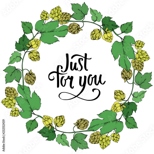 Black and white engraved humulus ink art. Green leaf. Leaf plant