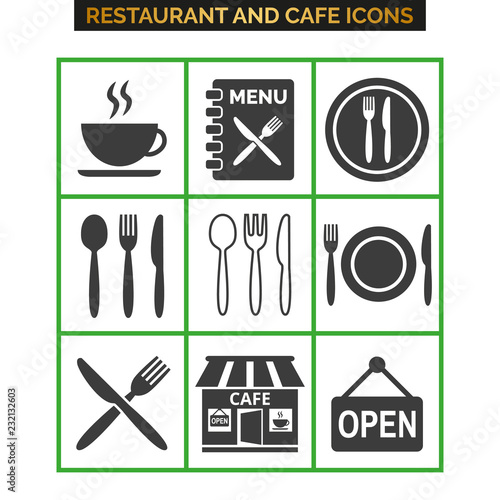 Restaurant icons set on white background.