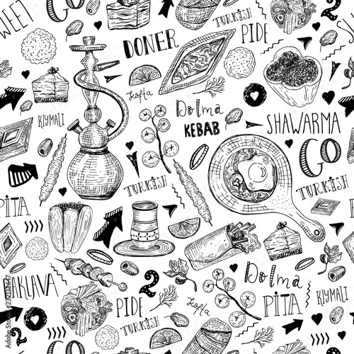 Modern sketch Turkish food seamless pattern with lettering and beverages with Kebab, Dolma, Shakshuka, shisha. Freehand vector doodles isolated on white background