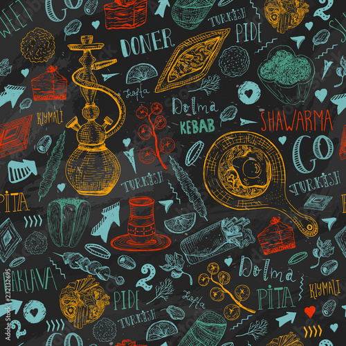 Modern sketch Turkish food seamless pattern with lettering and beverages with Kebab, Dolma, Shakshuka, shisha. Freehand vector doodles isolated on dark background