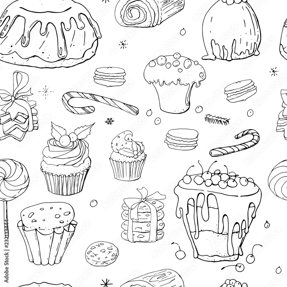 Seamless colorless pattern of different  christmas and winter desserts and sweets with chocolate, holly berries and snowflakes. Isolated hand drawn festive food illustration with christmas decoration