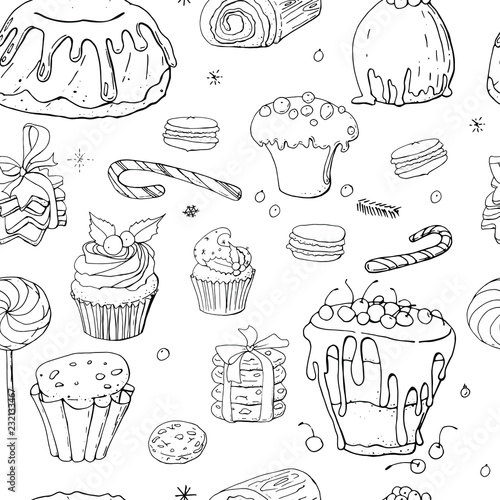 Seamless colorless pattern of different  christmas and winter desserts and sweets with chocolate, holly berries and snowflakes. Isolated hand drawn festive food illustration with christmas decoration