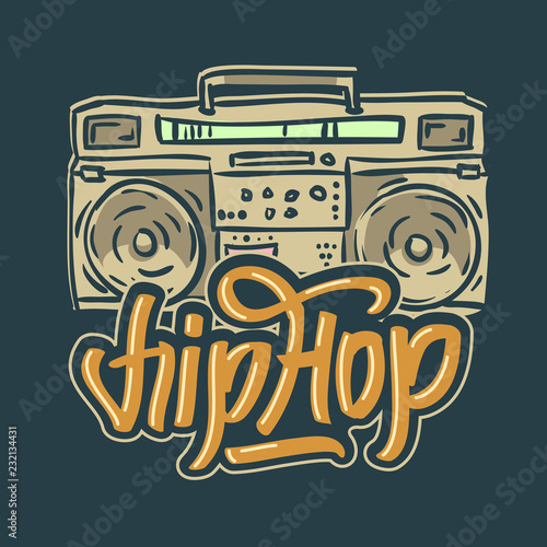 Hip Hop Design With A Hand Drawn Boombox Ghetto Blaster . Vector Image.