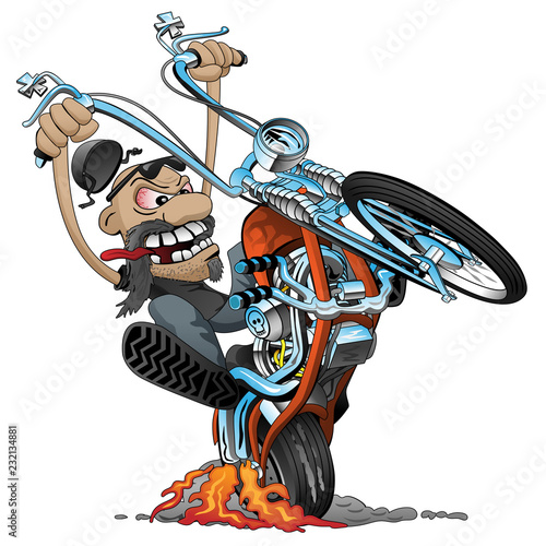 Crazy biker on an old school chopper motorcycle cartoon vector illustration