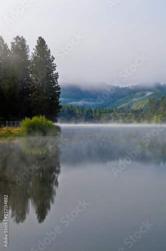 Fog on Lake Selmac near Cave Junction, Oregon.