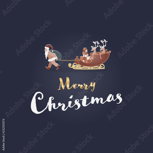 Christmas time. Santa pulls his reindeer on the sledge behind him. Text: Merry Christmas