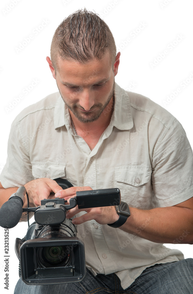 man with professional camcorder isolated on white background man with professional camcorder isolated on white background