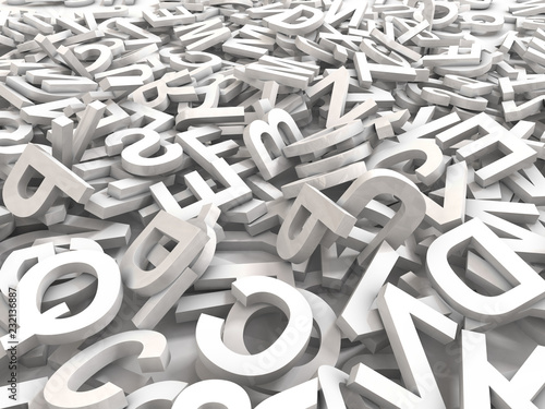 A jumbled pile of 3D illustrated white uppercase letters over a white background.  Great for typegraphy, education, design, or business applications.