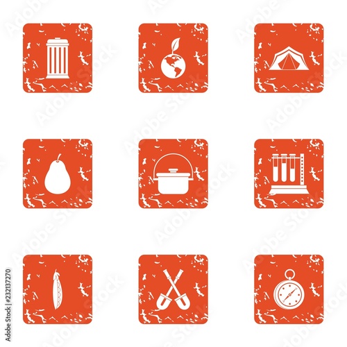 Campground icons set. Grunge set of 9 campground vector icons for web isolated on white background