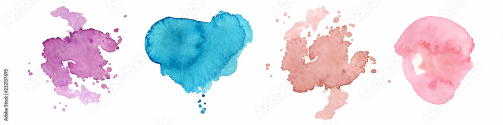 Abstract watercolor shapes on white background. Color splashing hand drawn vector painting