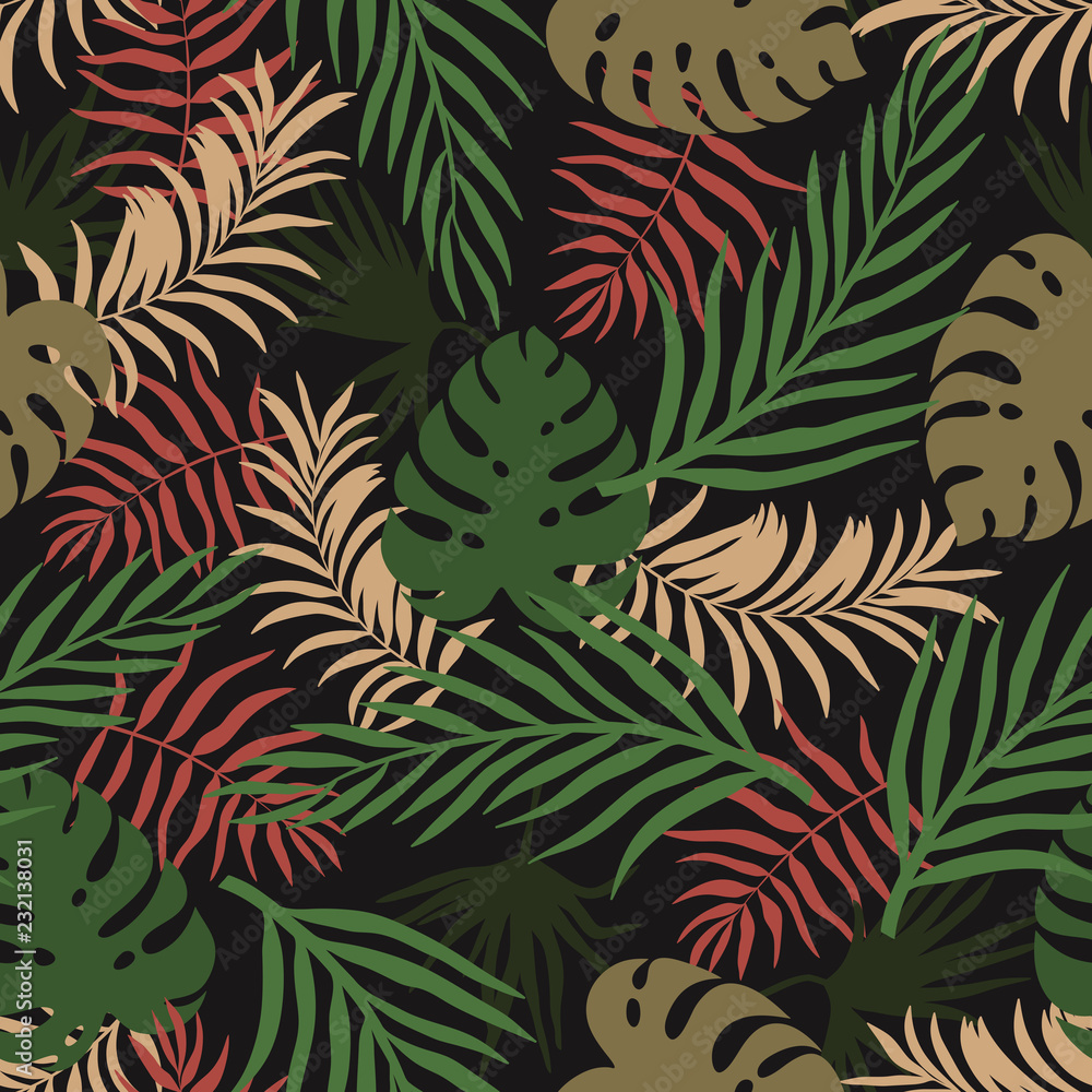 Tropical background with palm leaves. Seamless floral pattern. Summer vector illustration. Flat jungle print Tropical background with palm leaves. Seamless floral pattern. Summer vector illustration. Flat jungle print