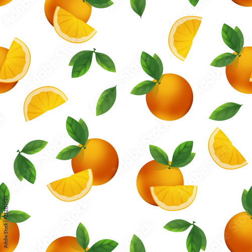 Bright oranges and orange slices seamless pattern on white background