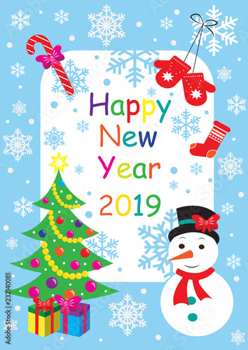 Happy New Year 2019 greeting card with snowman, Christmas tree and gifts. vector illustration