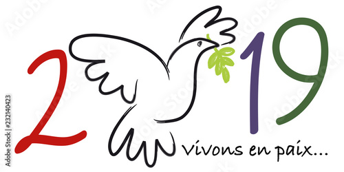 Carte de vœux 2019 sur le concept de la paix, avec le symbole d’une colombe portant une branche d’olivier et le message vivons en paix.