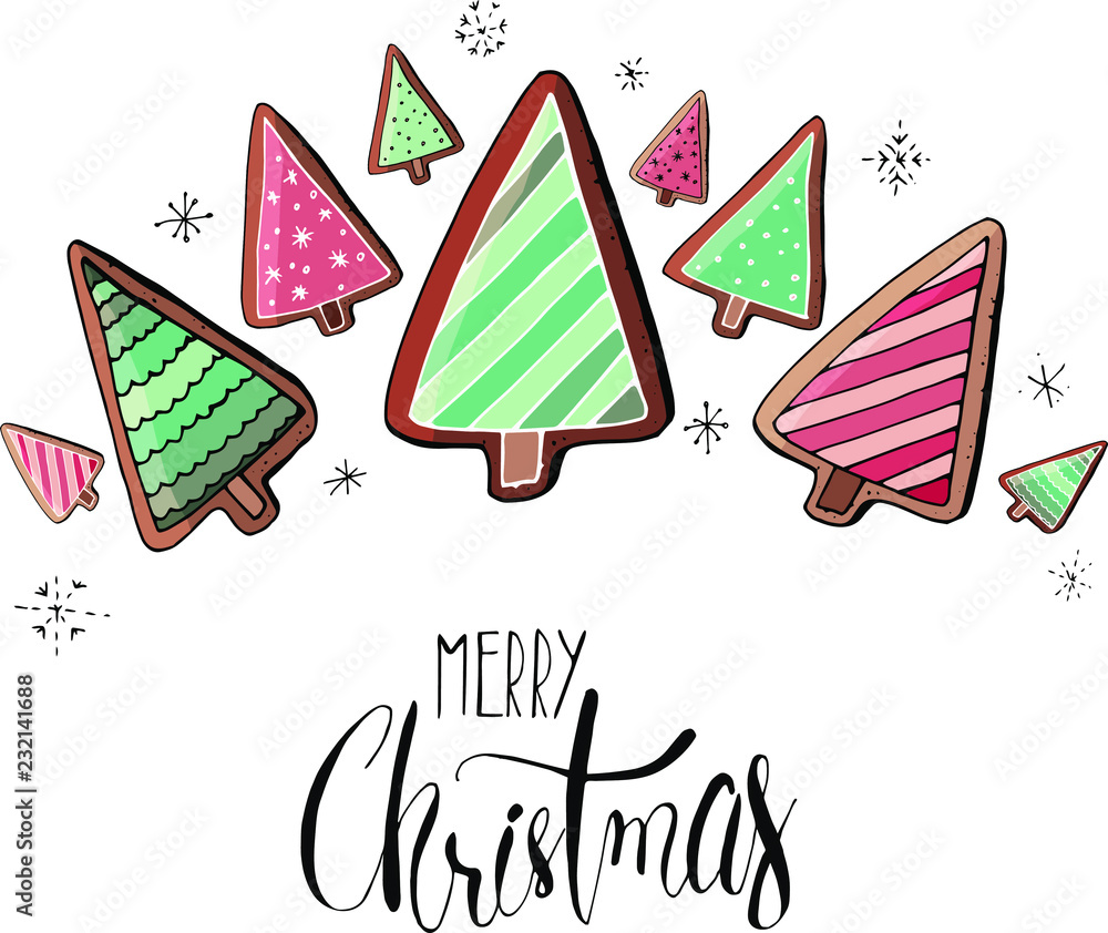 Stock vector christmas tree gingerbreads with different ornaments with snowflakes and greeting merry christmas calligraphy. Isolated and hand drawn doodle background. Christmas festive holiday card.