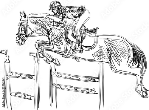 horse jumping obstacles during equestrian