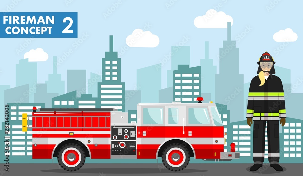 Fototapeta premium Fireman concept. Detailed illustration of man firefighter and fire truck in flat style on background with cityscape. Vector illustration.