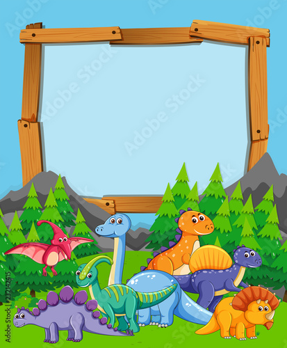 Many dinosaur on nature wooden frame