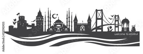 Istanbul symbols. Modern flat vector panoramic illustration of famous turkish landmarks. Black horizontal skyline silhouette with waves isolated on white background. Travel to Turkey concept design.