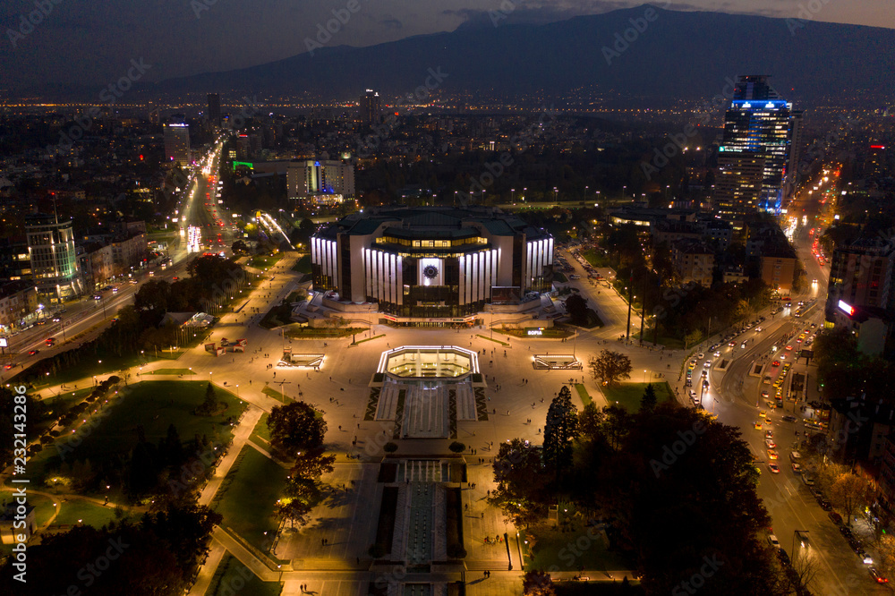 Φωτογραφία Night aerial view of the National Palace of Culture (NDK), Sofia, Bulgaria, Octo