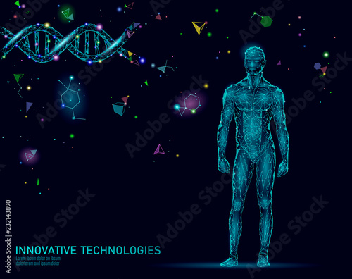 Abstract human body anatomy. DNA engineering science innovation superman technology. Genome health research cloning medicine low poly 3D render polygonal geometric virtual reality vector illustration