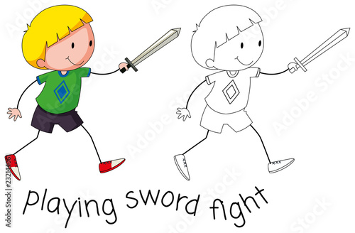 Doodle boy playing sword fight