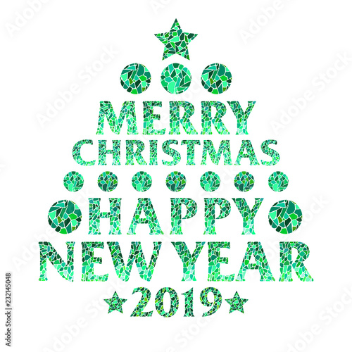 Square greeting card - magic Christmas tree made of mosaic style lettering 2019 Merry Christmas and Happy New Year - creative vector  illustration