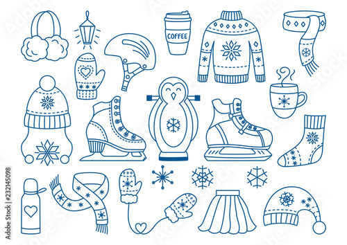 Winter ice skating outline icon set