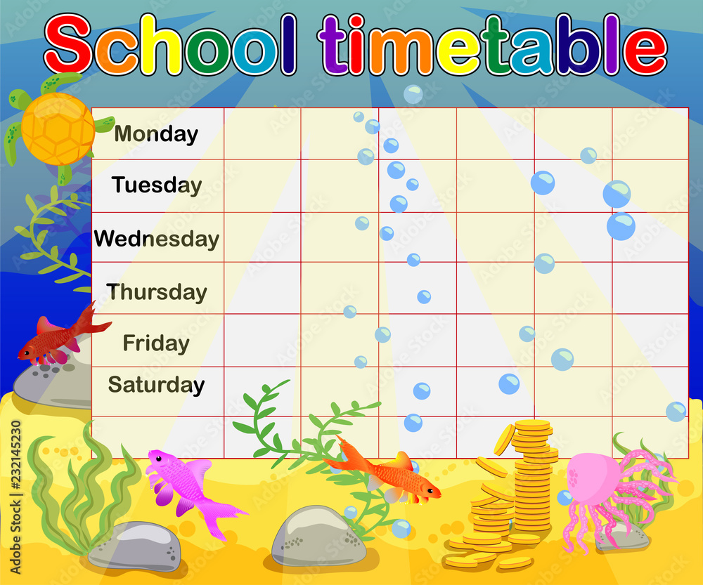 Naklejka premium School timetable with marine themes, table, underwater world