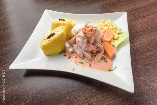 Peruvian Food: Ceviche with Causa.