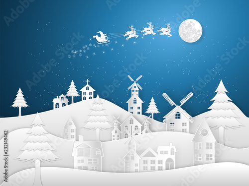 Paper art , cut and digital craft style of Santa Claus on Sleigh and Reindeers in the snow village in the winter background as holiday and x'mas day concept. vector illustration.
