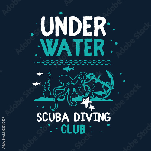 scuba diving underwater illustration vector t shirt printing, poster, banner, abstract design