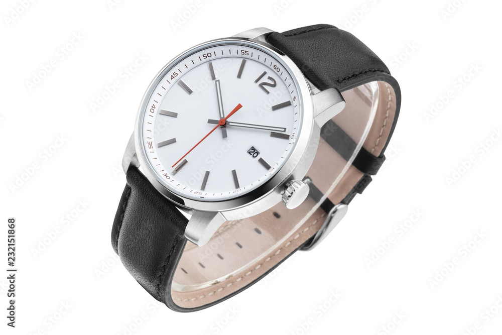 Men's leather wrist watch in white background