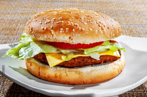 Classic hamburger with bread and fresh vegetables on a white plate.