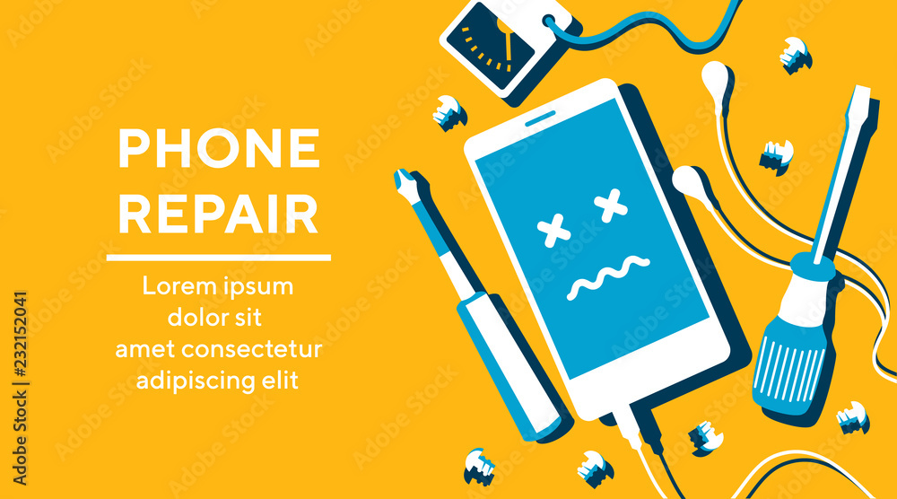 Phone repair fix poster banner flat vector illustration Stock Vector