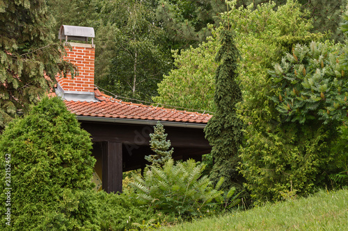 red roof of the house amid green trees