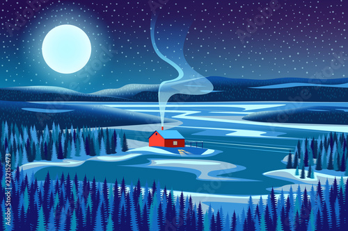 Winter night landscape with country house, fir trees, lake, forests and mountains in the background.