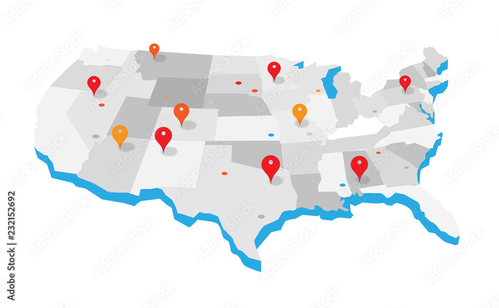 Obraz premium Mapa geograficzna Stanów Zjednoczonych