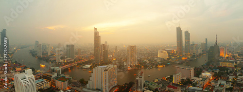 Panorama view Bangkok city skyline and River sunset in Asia Thailand