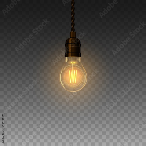 Realistic glowing lamp hanging on the wire. Incandescent lamp. Vector