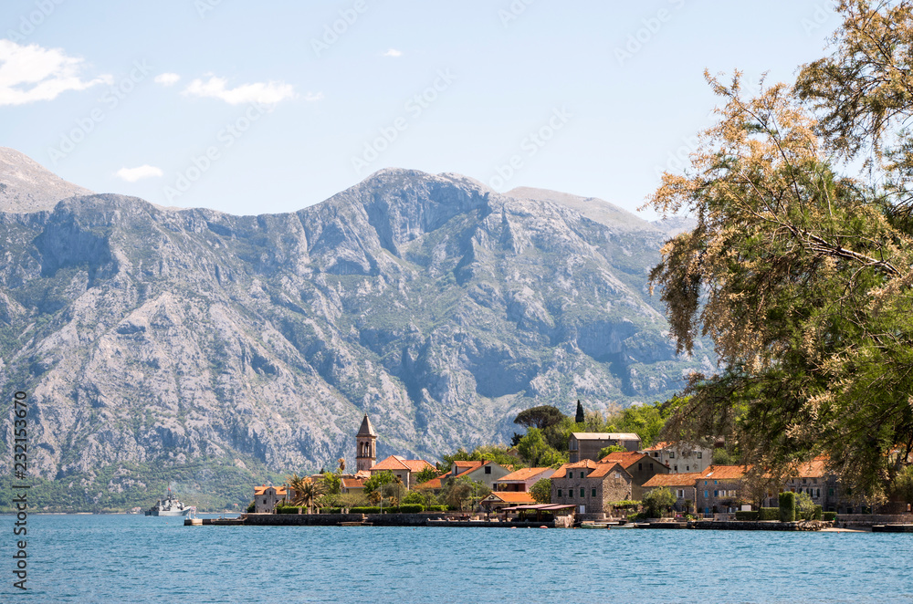 View of town Perast on the background of mountains, Montenegro