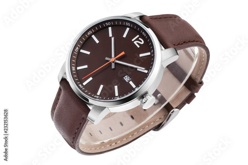 Men's leather wrist watch in white background