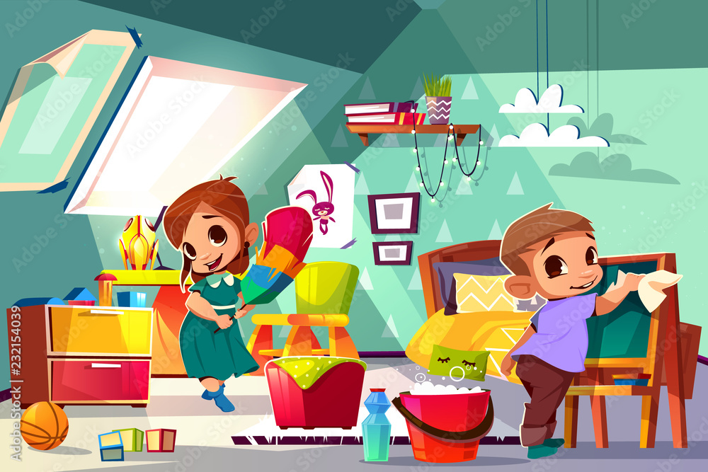 Brother and sister cleaning in kids bedroom cartoon vector illustration with boy and girl characters washing furniture, wiping dust. Household chores for kids, children helping mother around the house Brother and sister cleaning in kids bedroom cartoon vector illustration with boy and girl characters washing furniture, wiping dust. Household chores for kids, children helping mother around the house