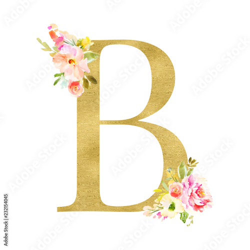 Gold and Floral Monogram Letters. Decorative ABC Alphabet
