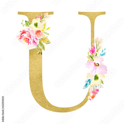 Gold and Floral Monogram Letters. Decorative ABC Alphabet