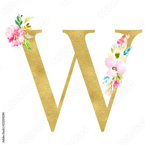 Gold and Floral Monogram Letters. Decorative ABC Alphabet