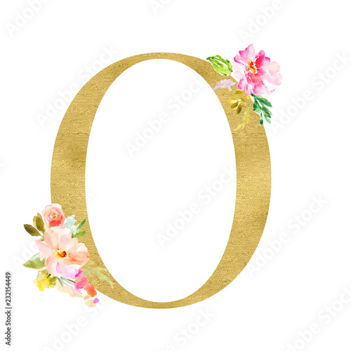 Gold and Floral Monogram Letters. Decorative ABC Alphabet