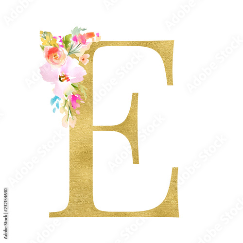 Gold and Floral Monogram Letters. Decorative ABC Alphabet