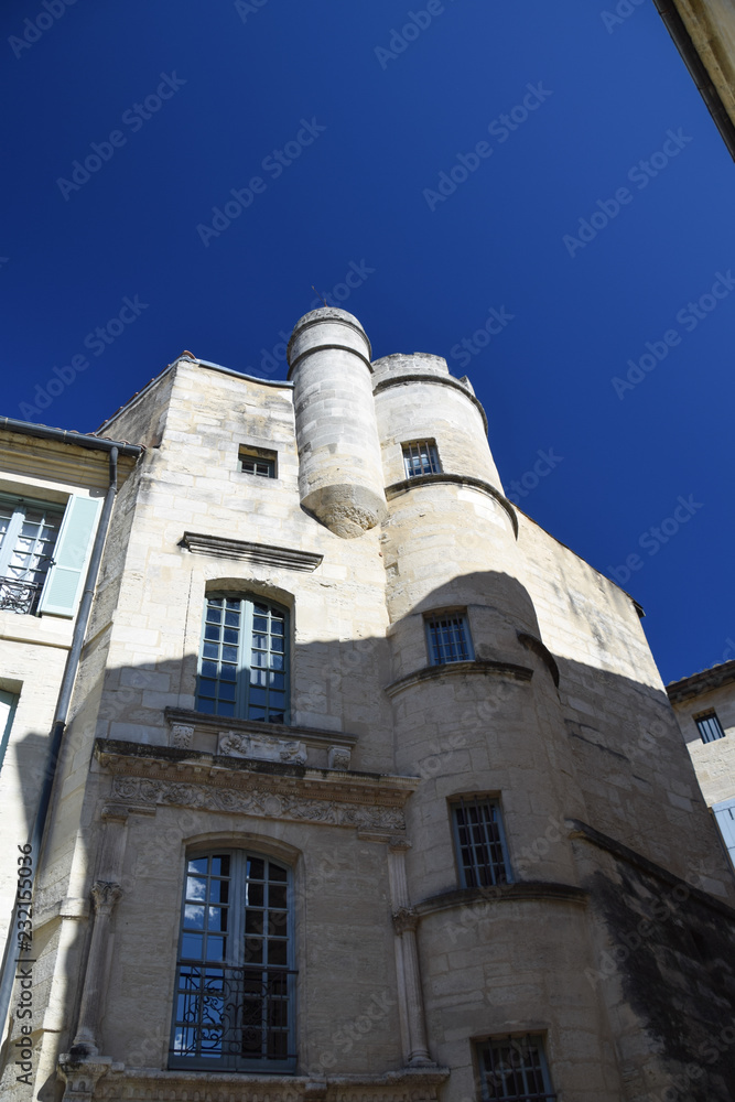 Houses and architecture in the medieval village of Uzes in the Gard region of Provence, France